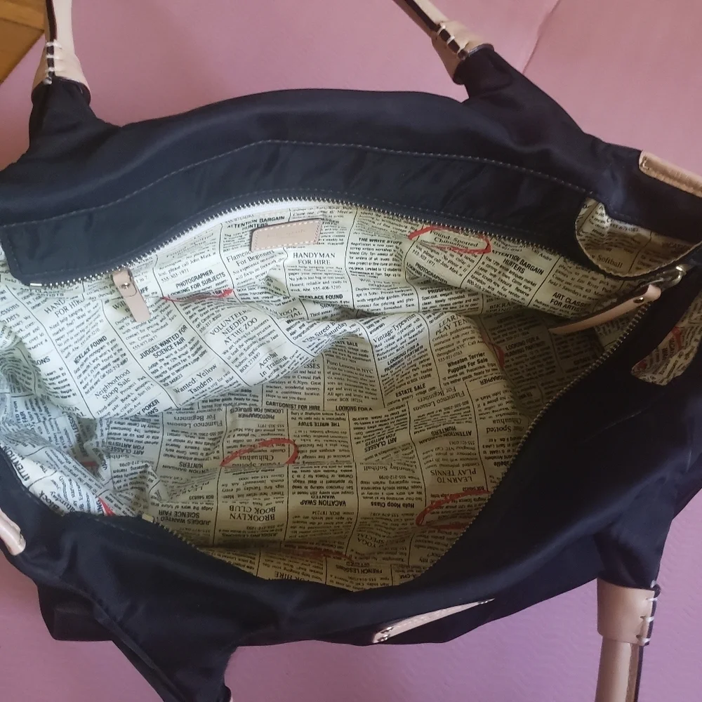 Vintage Y2K Kate Spade Black Stevie Satchel Bag with Newspaper Ad Print Inside